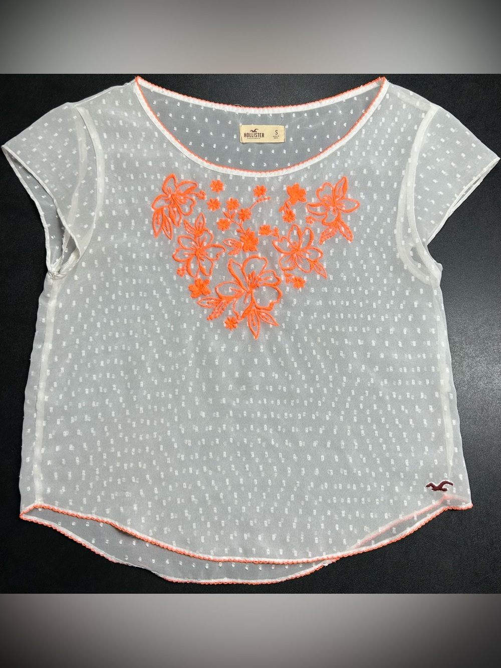 Hollister Size S White Neon Orange Embroidered Flowers Semi Sheer Top